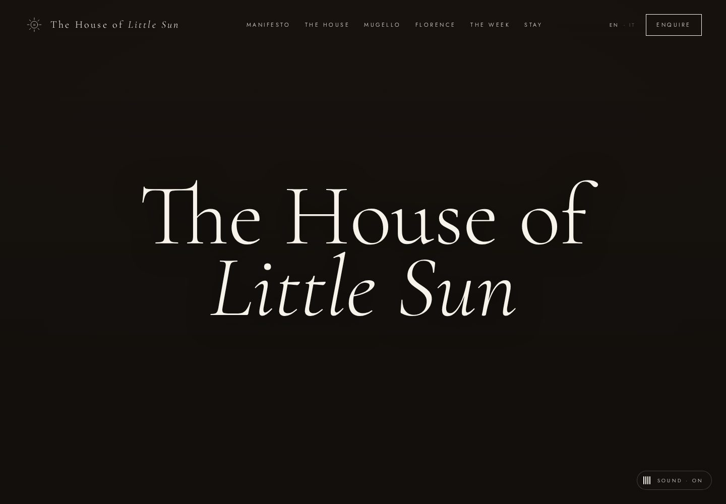 Opening screen: the name of the house full-bleed, with ambient sound